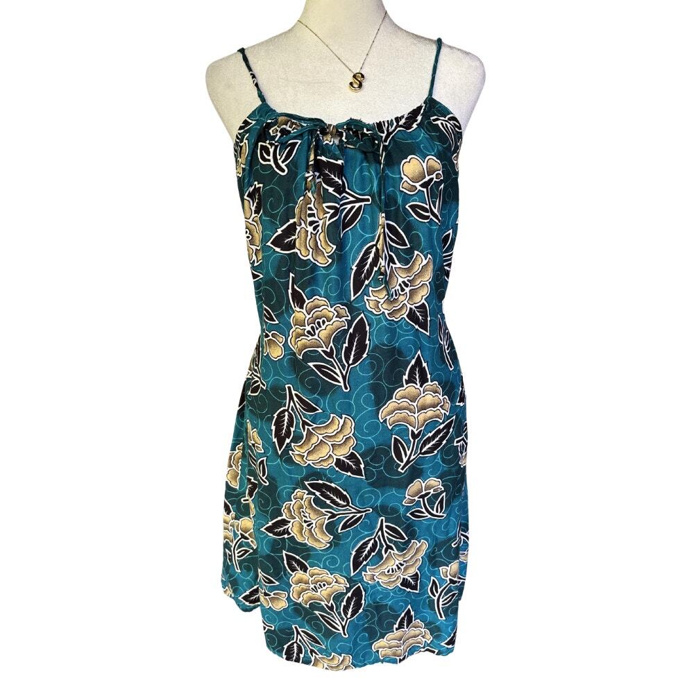 Vintage UNO by U.N.O. Tattoo Rose Floral Mini Dress Teal Gold 90s Size S/M